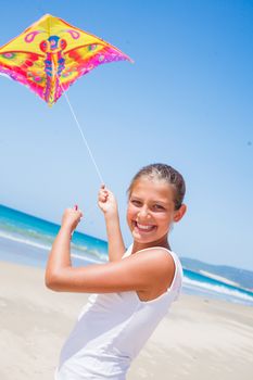 Beach cute girl kite flying outdoor coast ocean