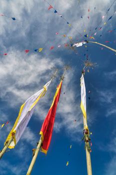 Colorful buddhist prayer flags and standards on poles in Pathivara Devi, Nepal