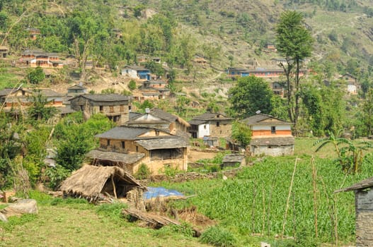 Picturesque view of a Nepalese village lying in a valley