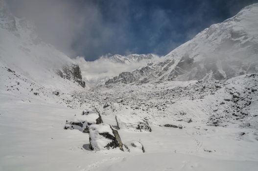 Fast changing weather in Himalayas mountains near Kanchenjunga, the third tallest mountain in the world