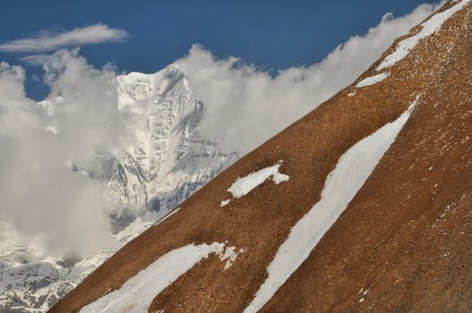 Scenic steep slope in Himalayas mountains in Nepal