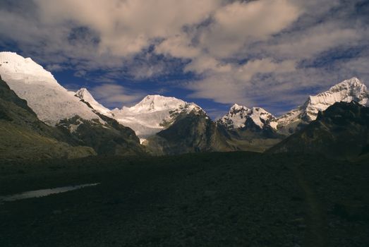 Scenic view of highest mountain peaks in Peruvian Andes, Cordillera Blanca