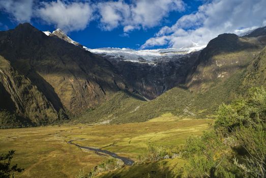 Picturesque green valley in between hills of Peruvian Andes