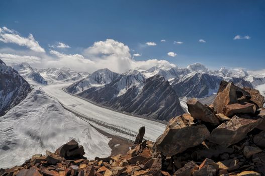 Picturesque view of magnificent Fedchenko Glacier in Pamir mountains in Tajikistan