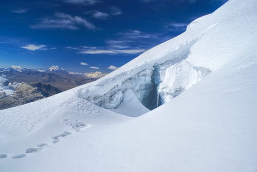 Crevasse in glacier near top of Huayna Potosi mountain in Bolivia