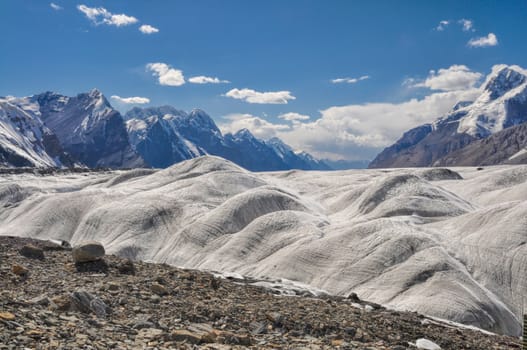 Amazing high altitude landscape on Engilchek glacier in Tian Shan mountain range in Kyrgyzstan