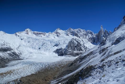 Picturesque of snowy valley surrounded by mountains in Los Glaciares National Park                          