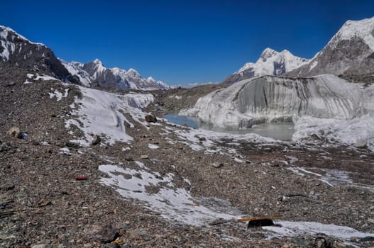 Engilchek glacier in Tian Shan mountain range in Kyrgyzstan