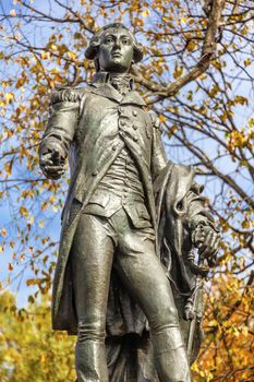 General Marquis de Lafayette Statue Lafayette Park Autumn Washington DC. In American Revolution General Lafayette was an officer in the American Revolution and personal friend of General Washington.  Statue was dedicated in 1891 as a reaffirmation of French American relations.  Artist Sculptor Jean Falguiere.