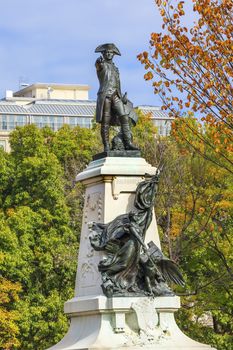 General Rochambeau Statue Lafayette Park Autumn Washington DC. In American Revolution General Rochambeau was the head of the French Army, who worked with Washington in the American Revolution.  Statue was dedicated in 1902 as a reaffirmation of French American relations.  Artist Sculptor Fernand Hamar