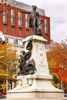 General Rochambeau Statue Lafayette Park Autumn Washington DC. In American Revolution General Rochambeau was the head of the French Army, who worked with Washington in the American Revolution.  Statue was dedicated in 1902 as a reaffirmation of French American relations.  Artist Sculptor Fernand Hamar