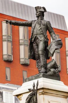 General Rochambeau Statue Lafayette Park Autumn Washington DC. In American Revolution General Rochambeau was the head of the French Army, who worked with Washington in the American Revolution.  Statue was dedicated in 1902 as a reaffirmation of French American relations.  Artist Sculptor Fernand Hamar