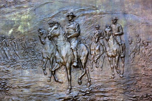 General William Tecumseh Sherman Bronze Bas Relief Marching Through Georgia Civil War Memorial Pennsylvania Avenue Washington DC.  Statue dedicated 1903, artist Carl Rohl-Smith. Located in back of Treasury where President Andrew Johnson and Ulysses Grant reviewed the Army at the end of the Civil War.  General Sherman led the review at the head of the Army of Tennessee.