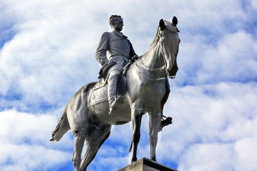 Soldier Statue General William Tecumseh Sherman Equestrian Civil War Memorial Pennsylvania Avenue Washington DC.  Statue dedicated 1903, artist Carl Rohl-Smith. Located in back of Treasury where President Andrew Johnson and Ulysses Grant reviewed the Army at the end of the Civil War.  General Sherman led the review at the head of the Army of Tennessee.