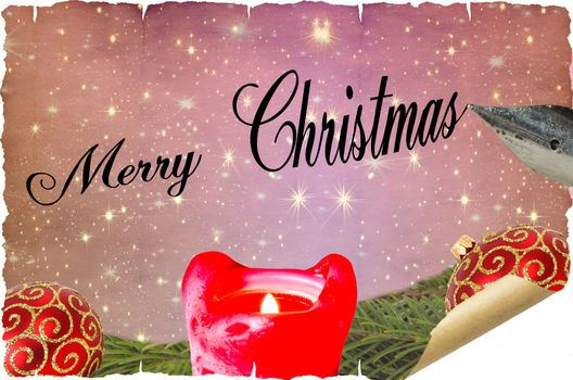 Illustration, Christmas card background with candle and stars and a greeting.