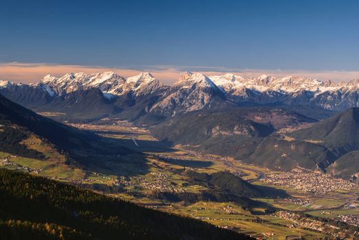 Scenic panorama of valley in Tirol Alps near Innsbruck