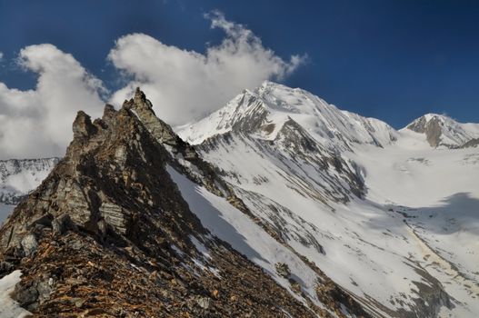 Scenic rugged ridge in Himalayas mountains in Nepal