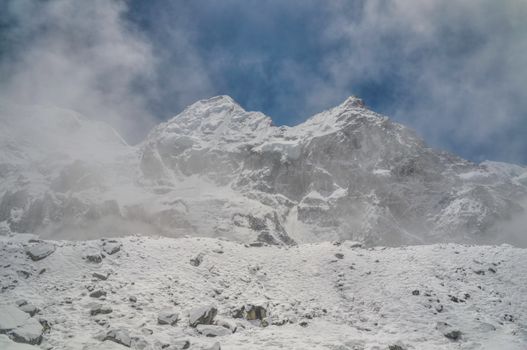 Changing weather in Himalayas mountains near Kanchenjunga, the third tallest mountain in the world