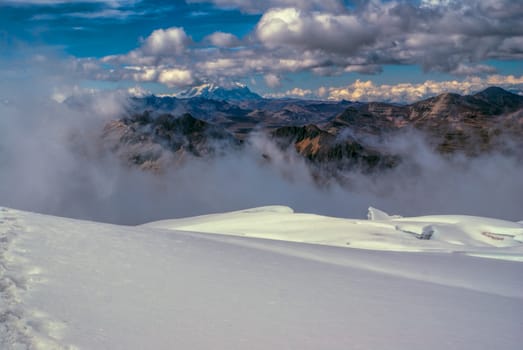 Scenic view of Andes in high altitude near top of Huayna Potosi mountain in Bolivia