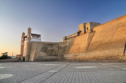 Picturesque view of city walls and gate in Bukhara, Uzbekistan
