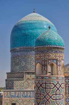 Beautifully decorated blue domes in city of Samarkand, Uzbekistan
