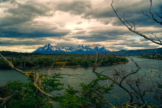 Picturesque view of river in Torres del Paine in south American Andes                   