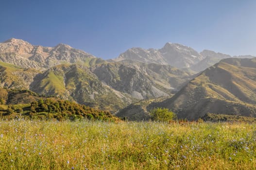 Scenic peaks in mountain range Tien-Shan in Kyrgyzstan