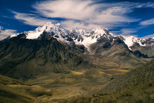 Majestic Alpamayo, one of highest mountain peaks in Peruvian Andes, Cordillera Blanca