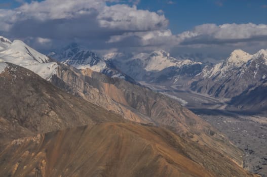 Amazing high altitude landscape on Engilchek glacier in Tian Shan mountain range in Kyrgyzstan