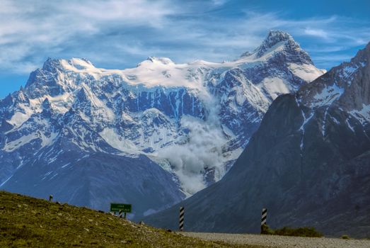 Avalanche in Torres del Paine national park in south American Andes                   