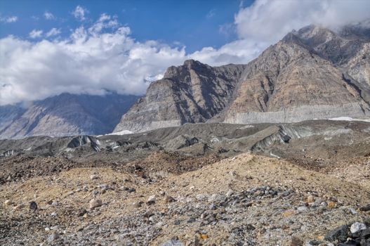 Dramatic high altitude landscape on Engilchek glacier in Tian Shan mountain range in Kyrgyzstan