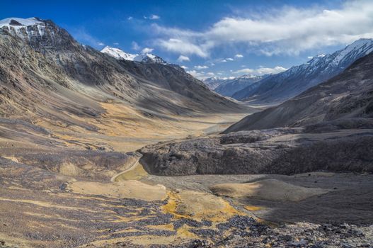 Scenic rocky valley in Pamir mountains in Tajikistan