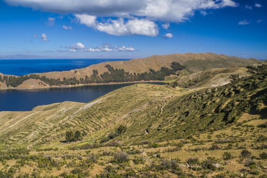 Scenic view of Isla del Sol, island on lake Titicaca in Bolivia