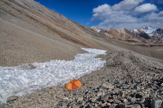 Camping in scenic Pamir mountains in Tajikistan