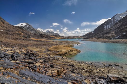 Scenic lake in rocky valley in Pamir mountains in Tajikistan