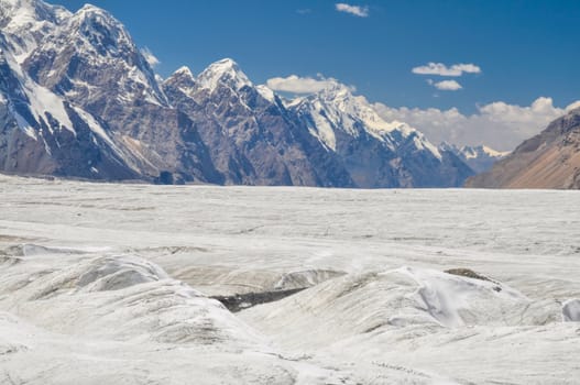 Picturesque high altitude landscape on Engilchek glacier in Tian Shan mountain range in Kyrgyzstan