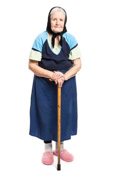 Old woman with a cane on a white background