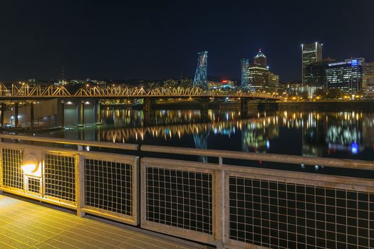 Portland Oregon Downtown Skyline and Hawthorne Bridge View from Eastbank Esplanade at Night