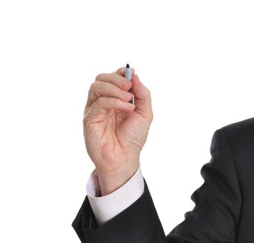 Businessman writing with marker isolated on white background. Plenty of room for a message.