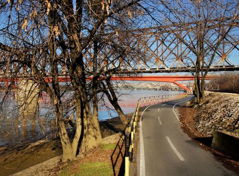 empty bicycle road along the Sava river in Belgrade, Serbia