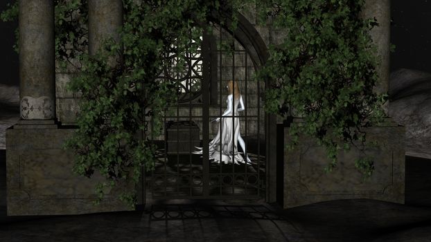 Magic witch of the night. Fantastic Princess inside Crypt at night.