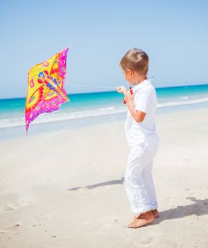 Summer vacation - Cute boy flying kite beach outdoor.