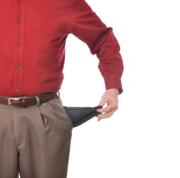 Man with empty pockets against a white background