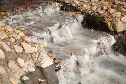 water flowing from the well. Water flowing from the hot springs.