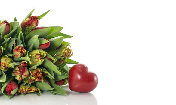 red tulips and heart shape on white background