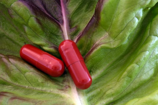 Pills on a lettuce leaf