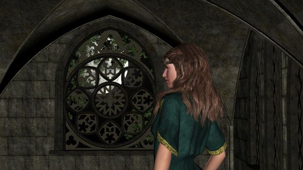 Night magic scene of fantasy girl in the castle
