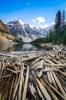 Landscape view of Moraine lake and mountais range in Canadian Rockies, Alberta, Canada