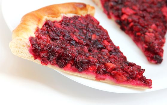 Piece of apple and cowberry jelly pie on the white plate 