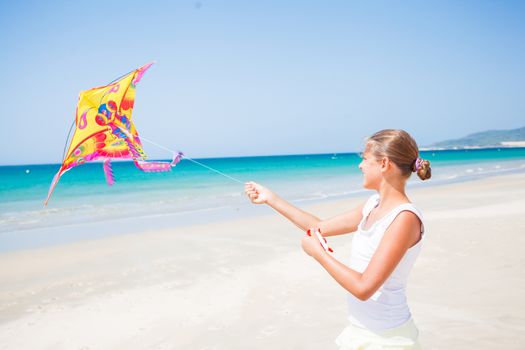 Beach cute girl kite flying outdoor coast ocean